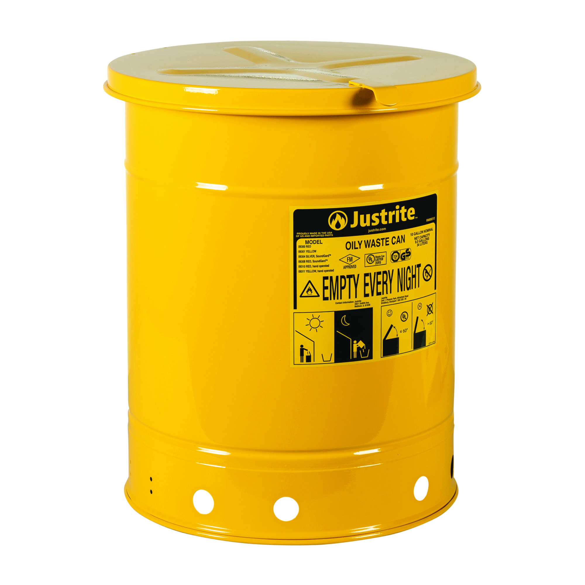 Justrite Oily Waste Can — 10-Gal. Capacity, Hand-Operated Cover, Yellow, Model# 09311